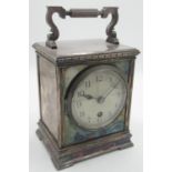 Early C20th silver plated carriage clock timepiece with silvered dial W12.5cm D10.2cm H17cm