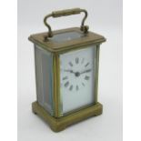 Early C20th French brass cased carriage clock timepiece with visible cylinder platform escapement,