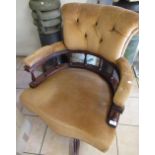 Reproduction mahogany captains chair upholstered in beige fabric, H93cm