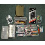 Collection of fishing lures, browning shooting gloves and a tally counter, Snowby canvas wallet with