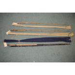 Three fly fishing rods, 9ft6" unbranded, 10ft6" Falows Blagden in need of some restoration, 15ft