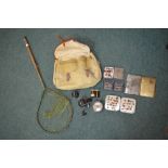 Brady fishing bag with unbranded fly fishing reel, Daiwa course fishing reel, three boxes of