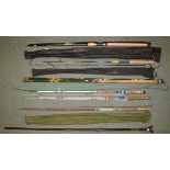 One two piece GRP unbranded fly rod, L97", two double handled two piece GRP coarse fishing rods,