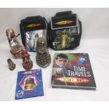 Selection of Doctor Who collectables to include Dalek figures, satchels and books