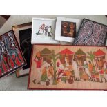 Batik study of a market scene, another similar painted study of animals, a small oil on card