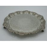 Victorian hallmarked Sterling silver circular salver with raised border, engraved floral centre,