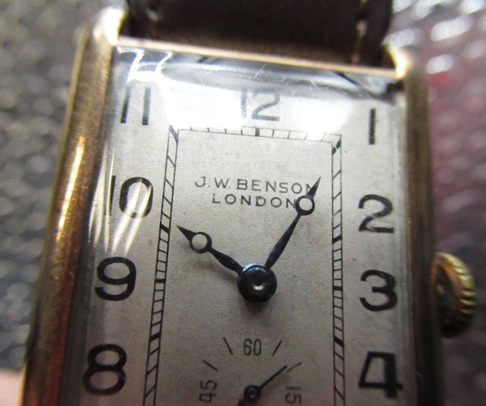 JW Benson, London 1930's 9ct gold cased hand wound wristwatch, rectangular gold case with hinged - Image 4 of 4