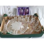 Two pairs of Edinburgh Crystal cut glass cognac glasses, a thistle shaped cut glass decanter, five
