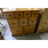 Modern pine chest of four short above three medium and two large drawers, W88cm D41cm H89cm