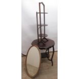 1930's oak three tier folding cake stand, Edwardian two tier window table with shaped circular top