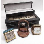 Black leather watch display case for ten watches with fitted cushions, mahogany pocket watch