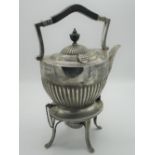 Edw.VII hallmarked Sterling silver spirit kettle with half reeded body and burner on four out