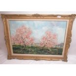 Howard Devonald (Br. 1944 - ), cherry blossoms in rural landscape scene, oil on canvas, 49cm x 75cm