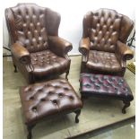 Pair of Geo.III style wing back armchairs with deep button backs and seats, brass nail upholstered