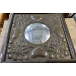 Arts and Crafts oak framed convex wall mirror with circular central panel within a border of