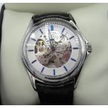 Rotary automatic wristwatch with skeletonized dial, stainless steel case on matching black leather