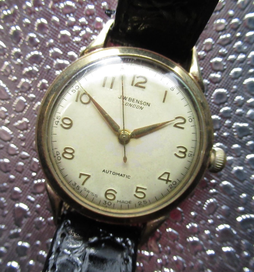 J W Benson, London 1950's 9ct gold cased automatic wrist watch, three piece gold case with snap on