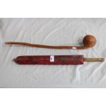 African tribal knobkerrie and a Sudanese type short sword in red animal skin scabbard