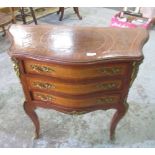 C20th French walnut side table with bank of three drawers, slender cabriole legs with scrolled