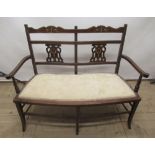 Edwardian Sheraton revival mahogany twin chair back seat, inlaid with bone and satin wood detail,