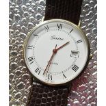 Geneve 9ct gold cased quartz wrist watch with date, case back stamped 375 on brown lizard skin strap