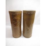 Pair of large Chinese style cylindrical vases, decorated with carp and Greek key border, H44cm (2)