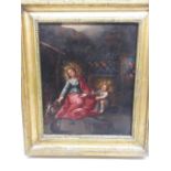 Italian school (late C19th/C20th) Madonna and Child in an interior with cat, oils on oak panel, 25cm