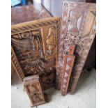 Eastern carved coffee table, rectangular top deep carved with figures, on similar supports joined by