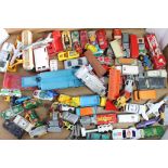Large collection of play worn die cast model vehicles, Corgi, Dinky, Matchbox etc (5 boxes)