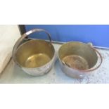 Large brass jam pan with fixed handle, and another with swing handle (2)