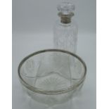 C20th cut glass decanter with stopper, collar hallmarked Sterling silver by Preece & Willicombe,