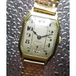1930's Swiss 9ct gold tonno cased hand wound wrist watch on later 9ct gold box link bracelet, two