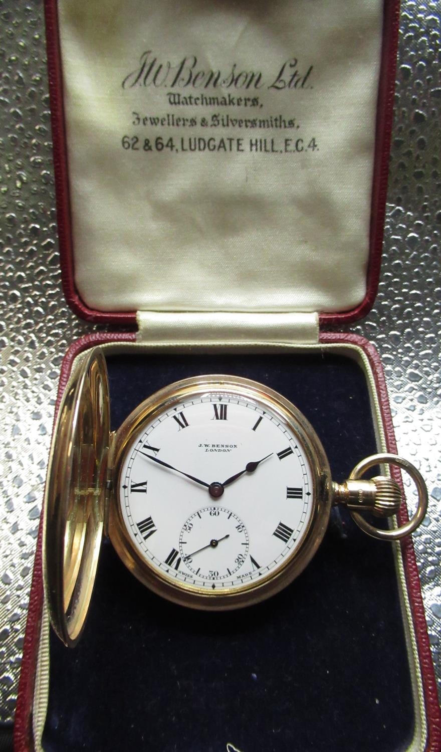 J. W. Benson, London, 9ct rose gold Hunter keyless wound pocket watch, hinged case back and