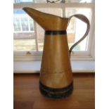 C20th painted as coopered wood tin jug, tapering cylindrical body with scroll handle, H48cm