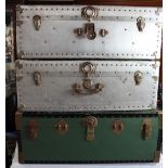 Large mid C20th steamer type luggage travel trunk painted in green with brass mounts (W91cm,
