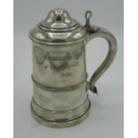 Geo.V C18th style hallmarked Sterling silver lidded tankard, inscribed 'Workington Hall Coursing