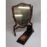 Geo. III style mahogany framed toilet mirror with shield shaped plate, H52cm, Edwardian inlaid