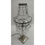 Geo.V hallmarked Sterling silver table lamp, circular crystal chandelier shade with prismatic drops,