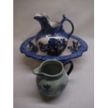 Victorian style blue and white transfer printed Blakeney pattern toilet jug and bowl D45cm,