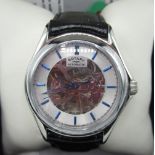 Rotary automatic wristwatch with skeletonized dial, stainless steel case on matching black leather