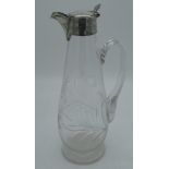 Victorian cut glass claret jug of baluster form with hallmarked Sterling silver top of etched