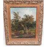 English school (mid C19th): Deer in a wooded landscape, oils on canvas, 23cm x 19cm
