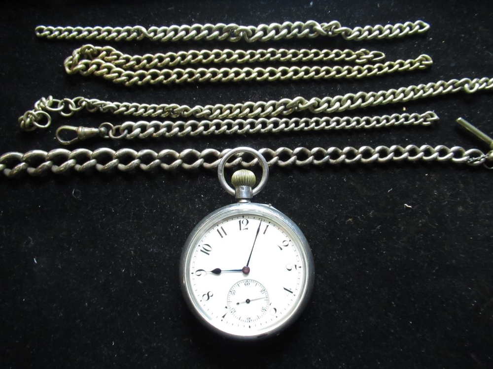 Collection of various assorted watch chains and London silver hallmarked pocket watch with secondary