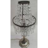 Geo.V hallmarked Sterling silver table lamp, circular crystal chandelier with prismatic drops
