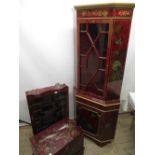 Late C20th Chinese style red and gilt lacquer corner cupboard decorated foliage and exotic birds (