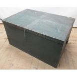 C20th pine rectangular box, metal banded hinged lid with two carry handles, stencilled C A Bryant