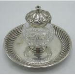 Victorian cut glass ink well with hallmarked Sterling silver repoussé hinged lid, on lobed