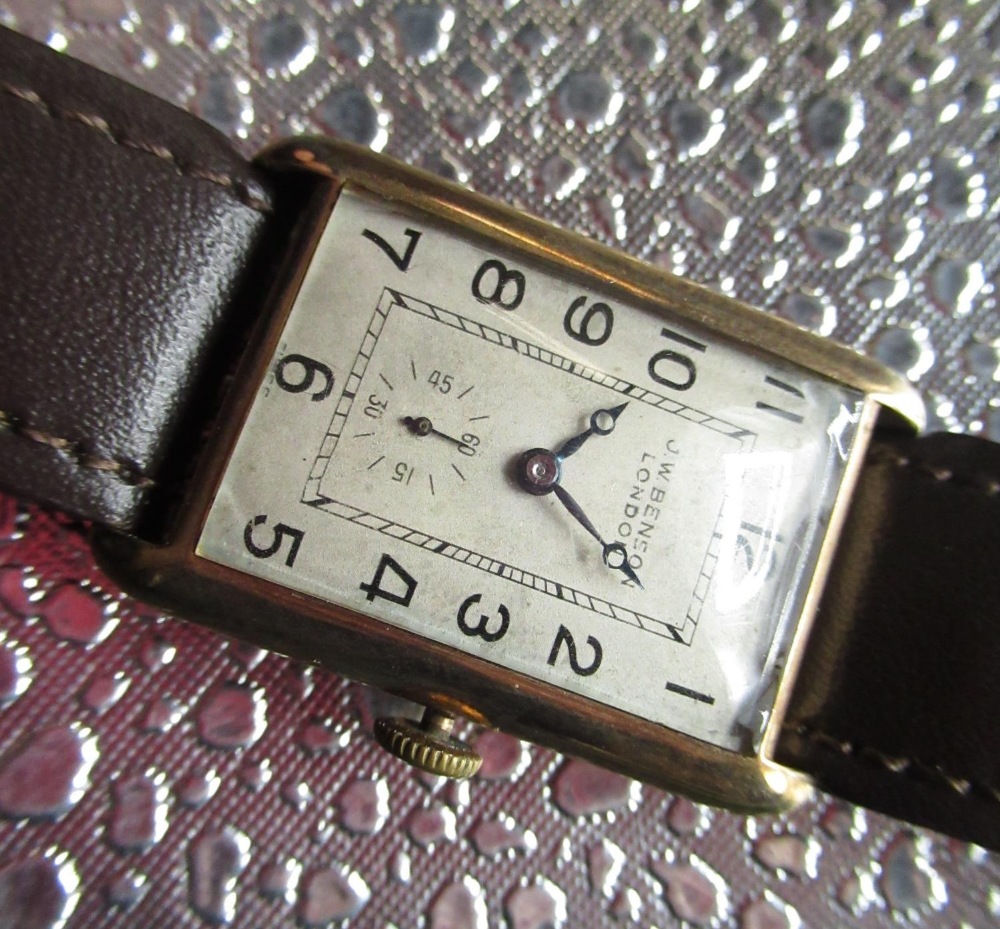 JW Benson, London 1930's 9ct gold cased hand wound wristwatch, rectangular gold case with hinged