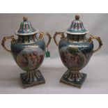 Pair of Sevres style vases, two handled urn shaped bodies decorated with classical figures within