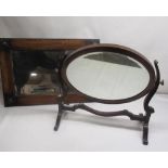 Regency style mahogany framed toilet mirror, oval plated on curved supports, out splayed feet joined